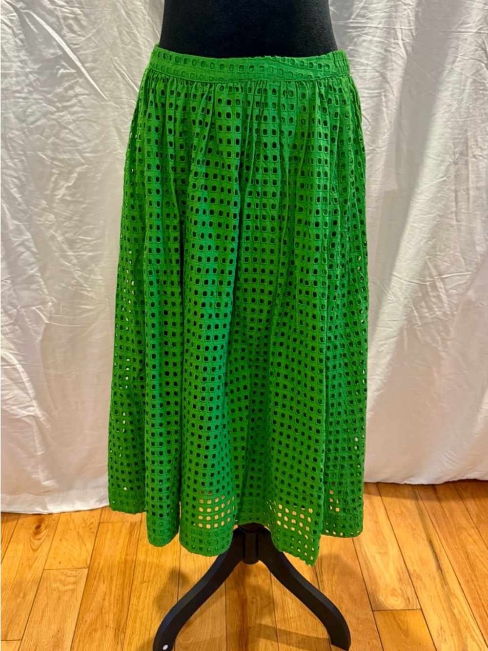 Green Eyelet Maxi Skirt with Elastic Waist